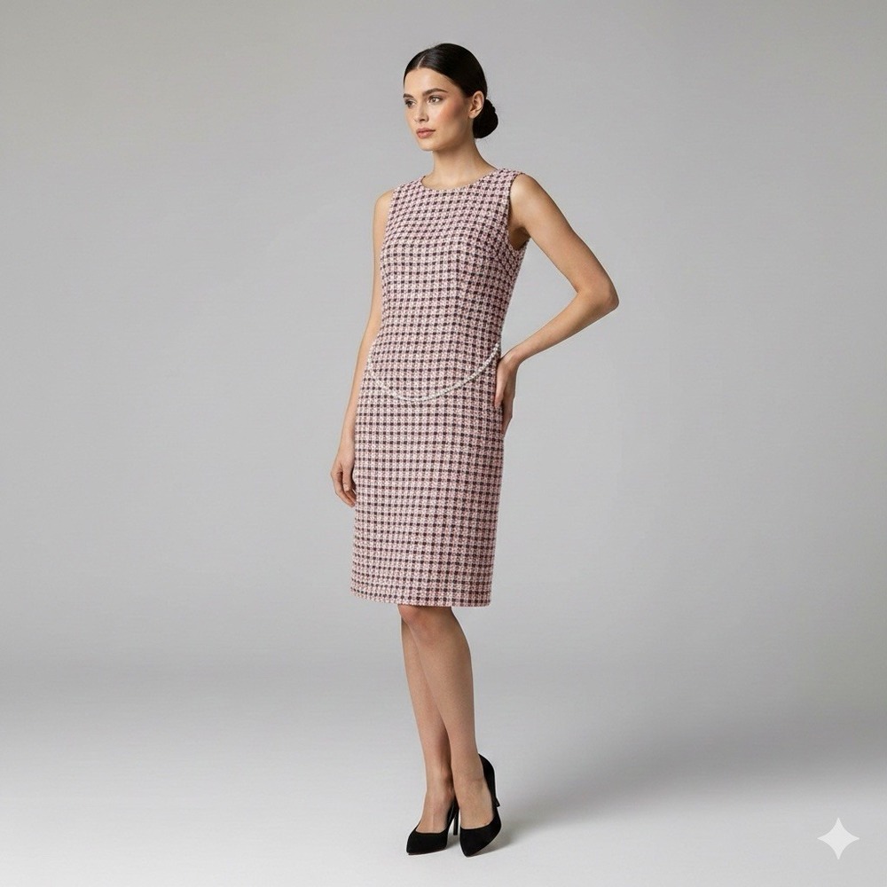 Jessica Howard Womens Size 14 Pink Black Tweed Dress Pearl Waist Accent Work